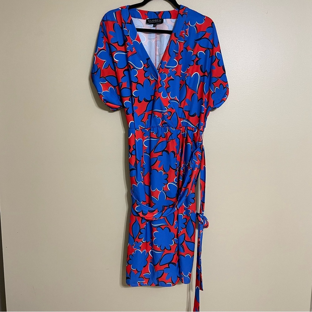 Eloquii Faux Wrap Dress cuff Sleeve Bold Floral Print‎ Multicolor Size 14